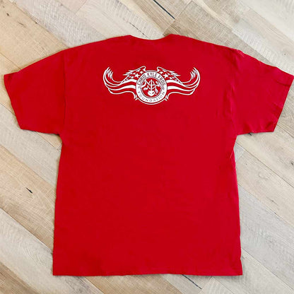 Red shirt with white Chris Kyle circle logo and American flag wings across back
