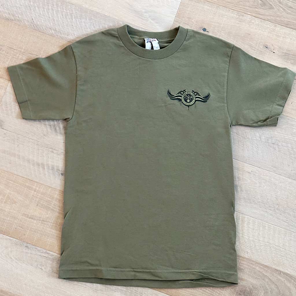 Olive Green Shirt with black and white Chris Kyle Foundation logo and American Flag wings on left chest