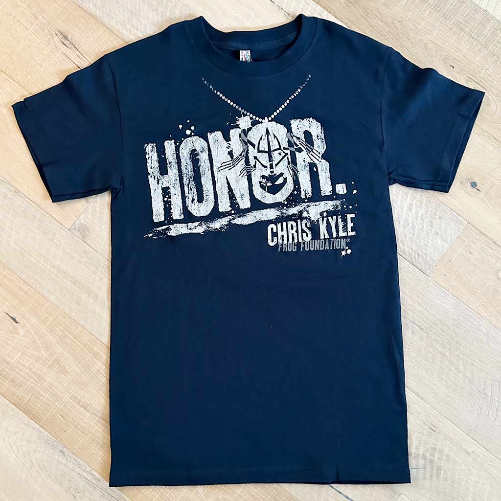 Navy shirt with bone frog dog tag on white honor graphic