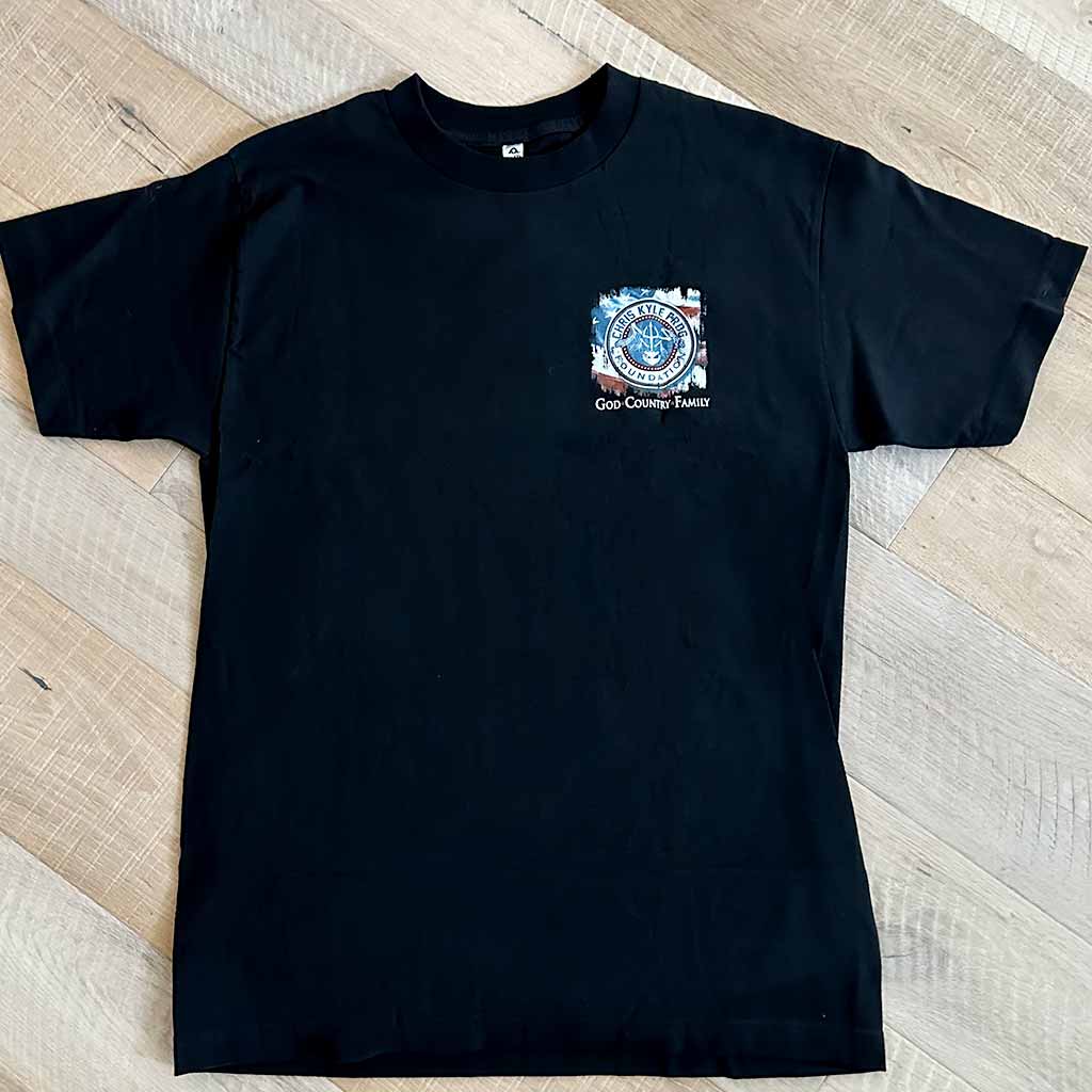 Red white and blue Chris Kyle logo with American flag on the chest of black shirt