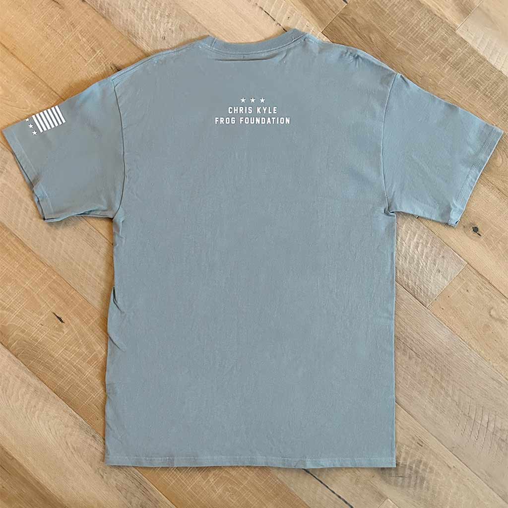Grey-blue shirt with Chris Kyle Frog Foundation on top of back