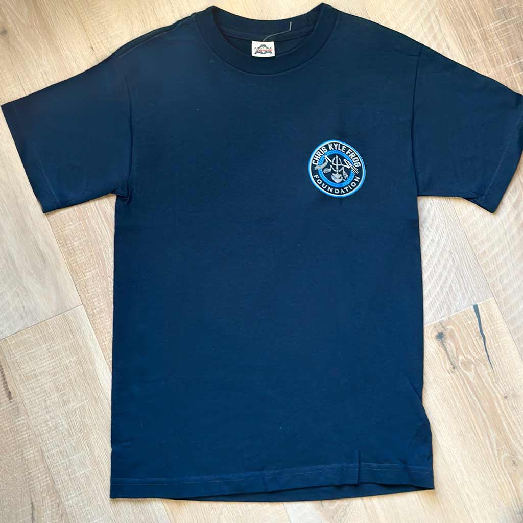 Navy blue shirt with light blue chris kyle bone frog circle logo