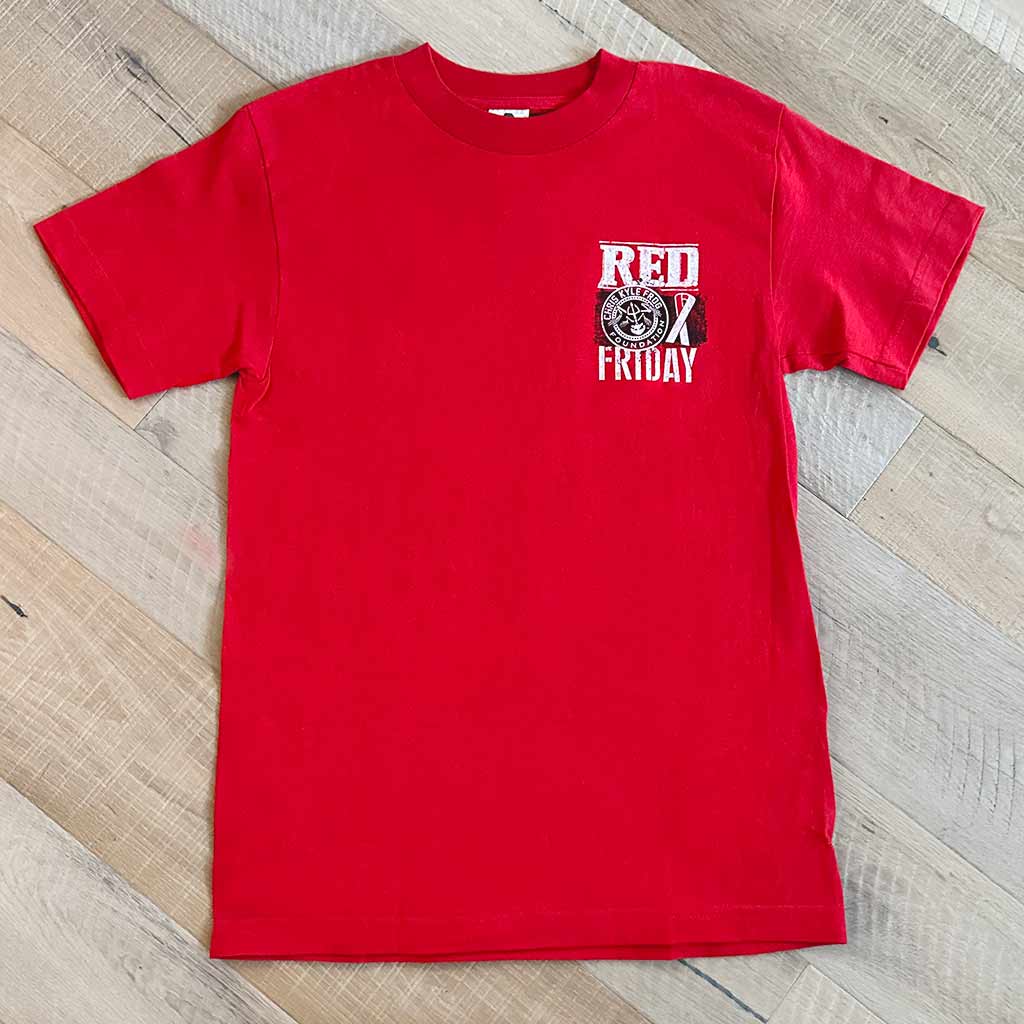 Red shirt with Chris Kyle's RED Friday logo on left chest