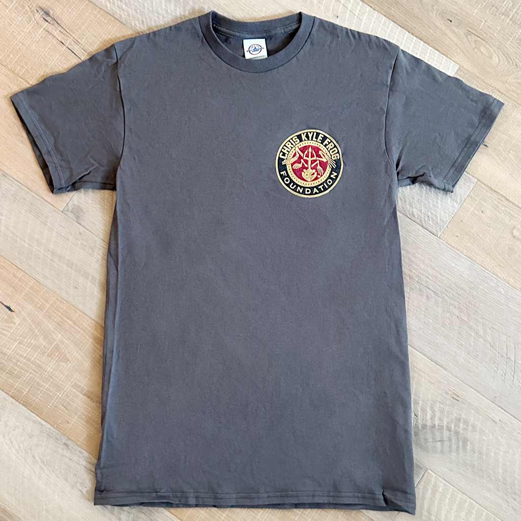 Grey shirt with blue and red Chris Kyle foundation circle logo on chest