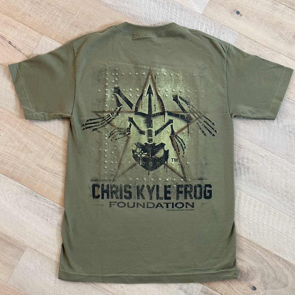 Olive green shirt with a black bone frog on a star and Chris Kyle Foundation below