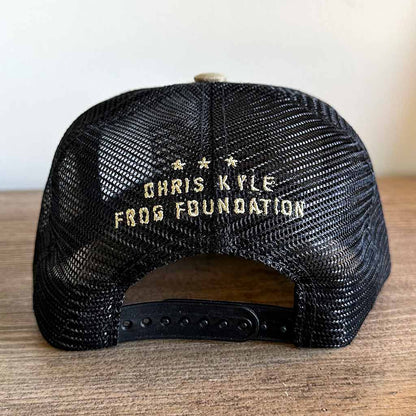 Back black mesh snapback hat with Tan Chris Kyle Frog Foundation embroidered