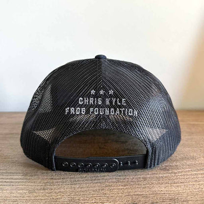 Back black mesh snapback hat with grey three stars above Chris Kyle Frog Foundation embroidered