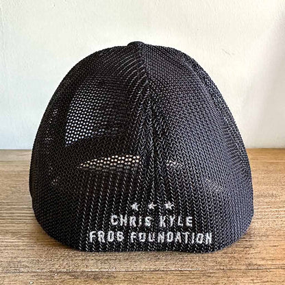 Back mesh flexfit hat with grey Chris Kyle Frog Foundation embroidered at bottom