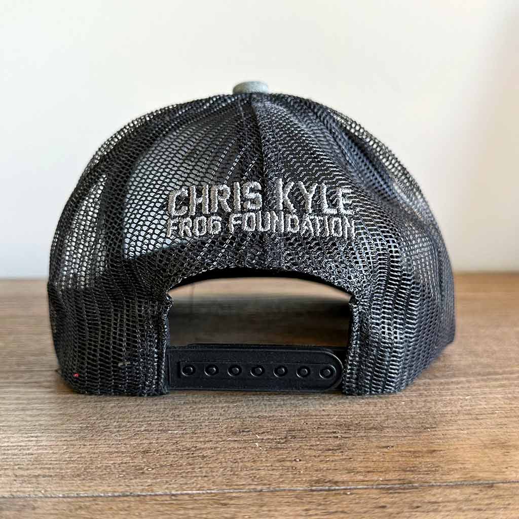 Back black mesh snapback hat with grey Chris Kyle Frog Foundation embroidered