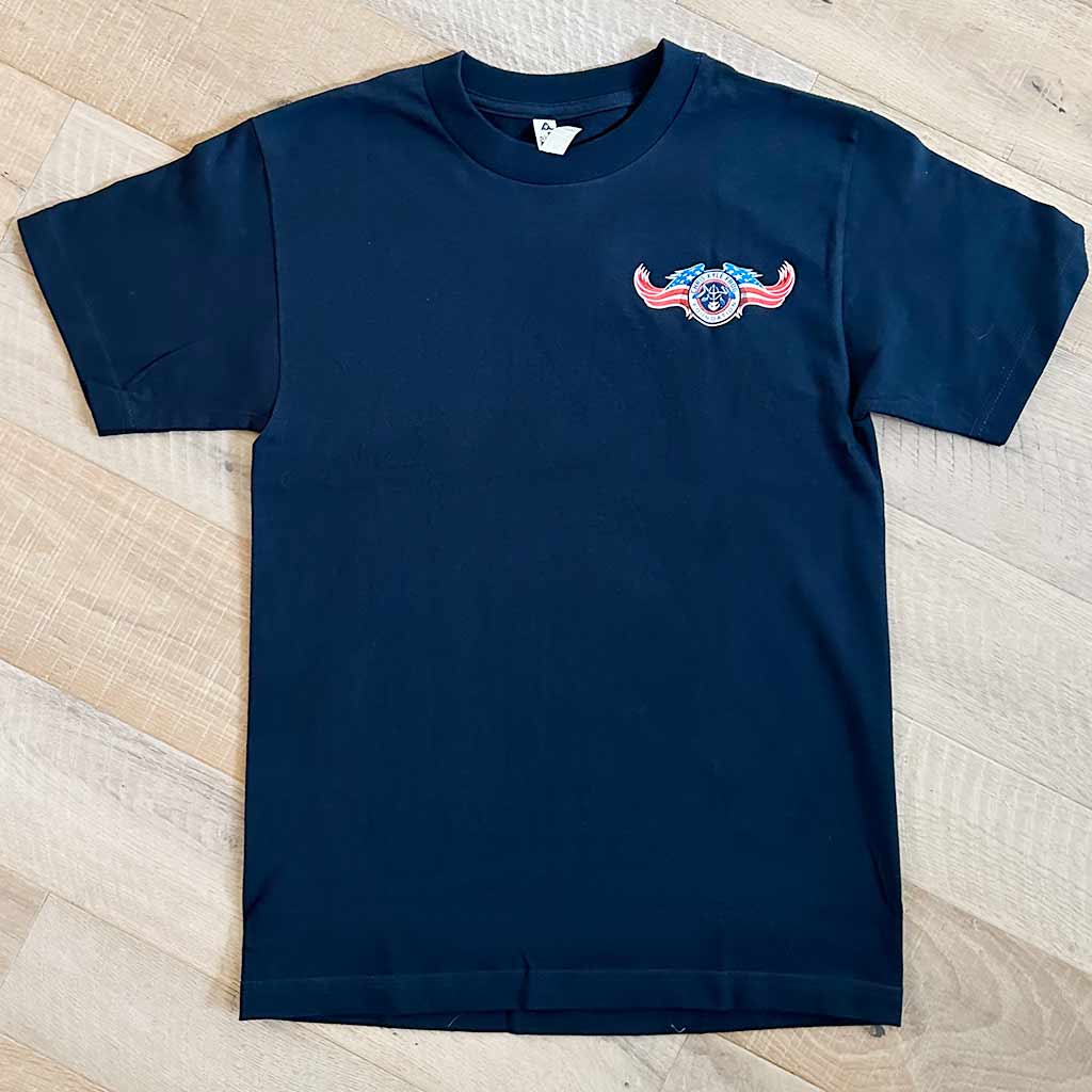 Navy shirt with chris kyle bone frog graphic on top chest
