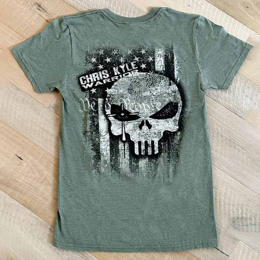green-grey back of shirt with black and white Chris Kyle skull warrior on American Flag background