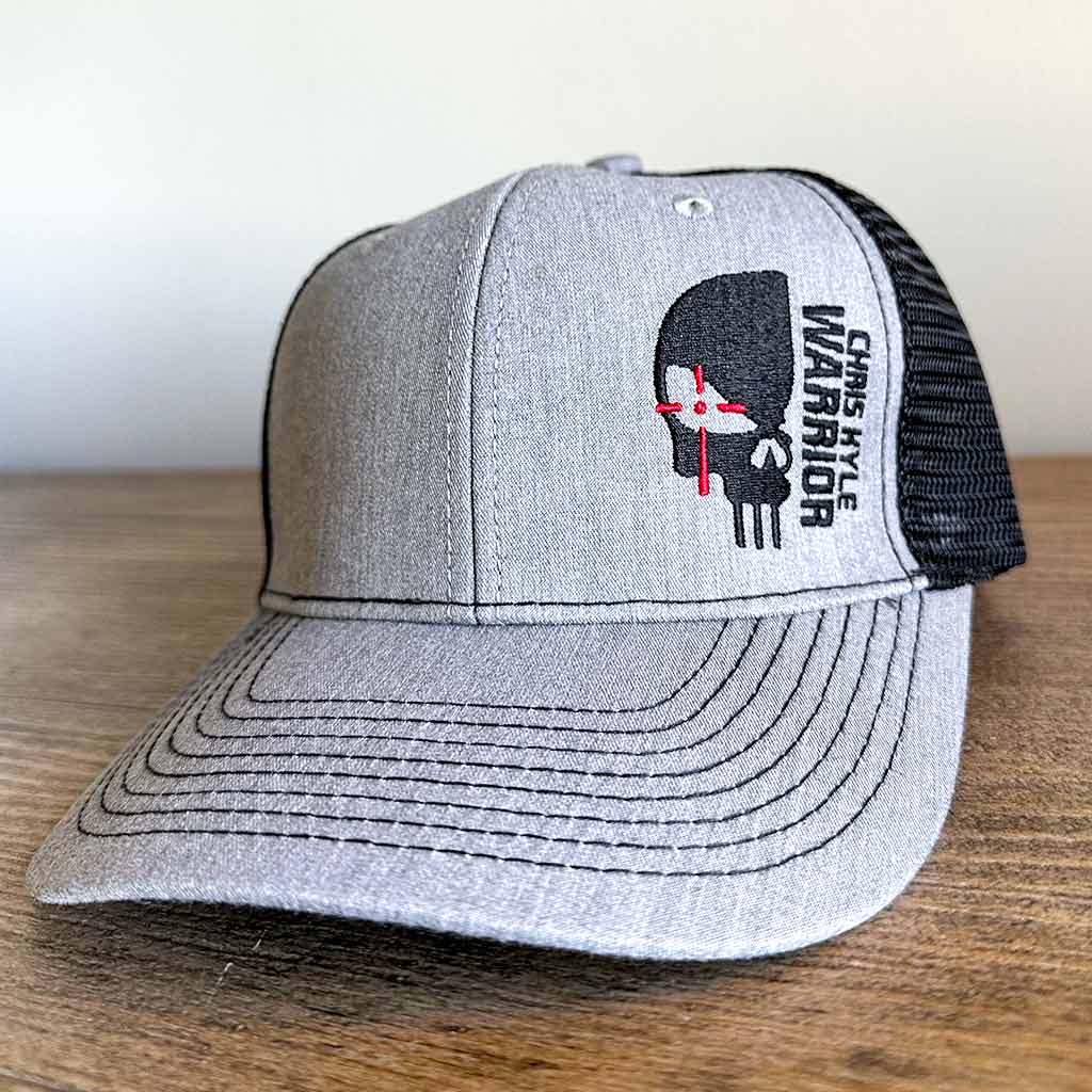 Grey and black mesh hat with black Chris Kyle Warrior Skull