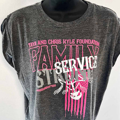 up-close charcoal shirt with pink taya and chris kyle foundation graphic