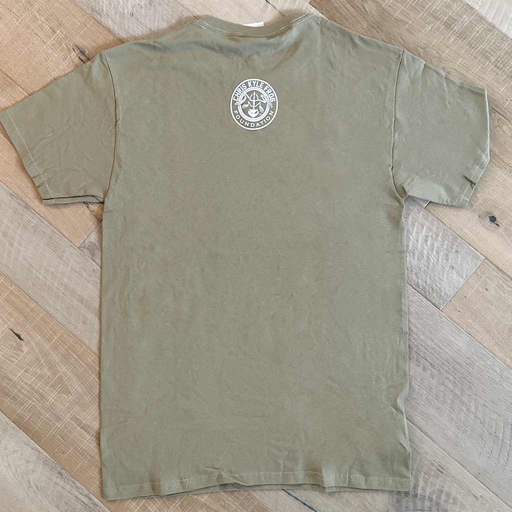 back of tan shirt with Chris Kyle white logo at the top