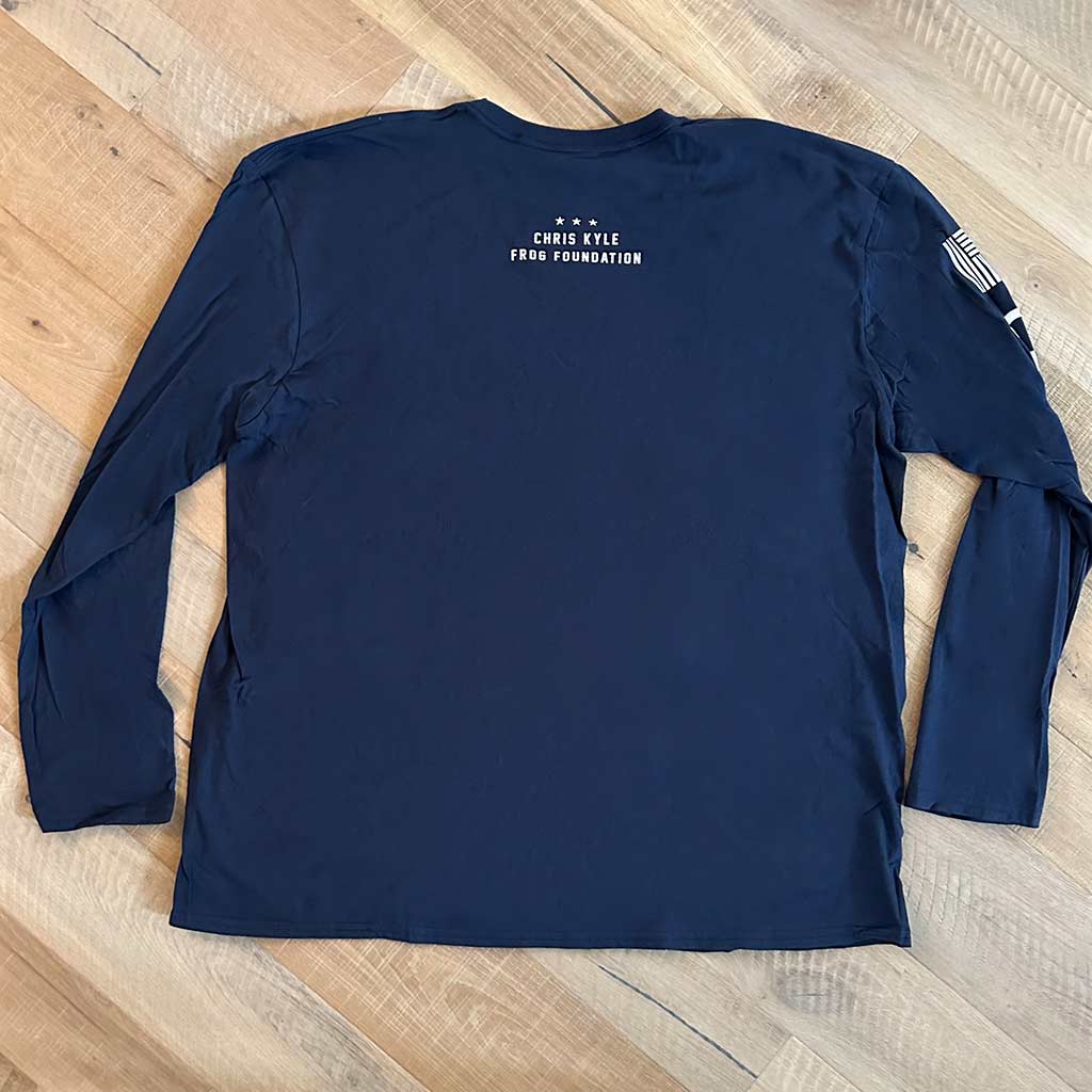 White Chris Kyle Foundation graphic at the top of a navy long sleeve shirt