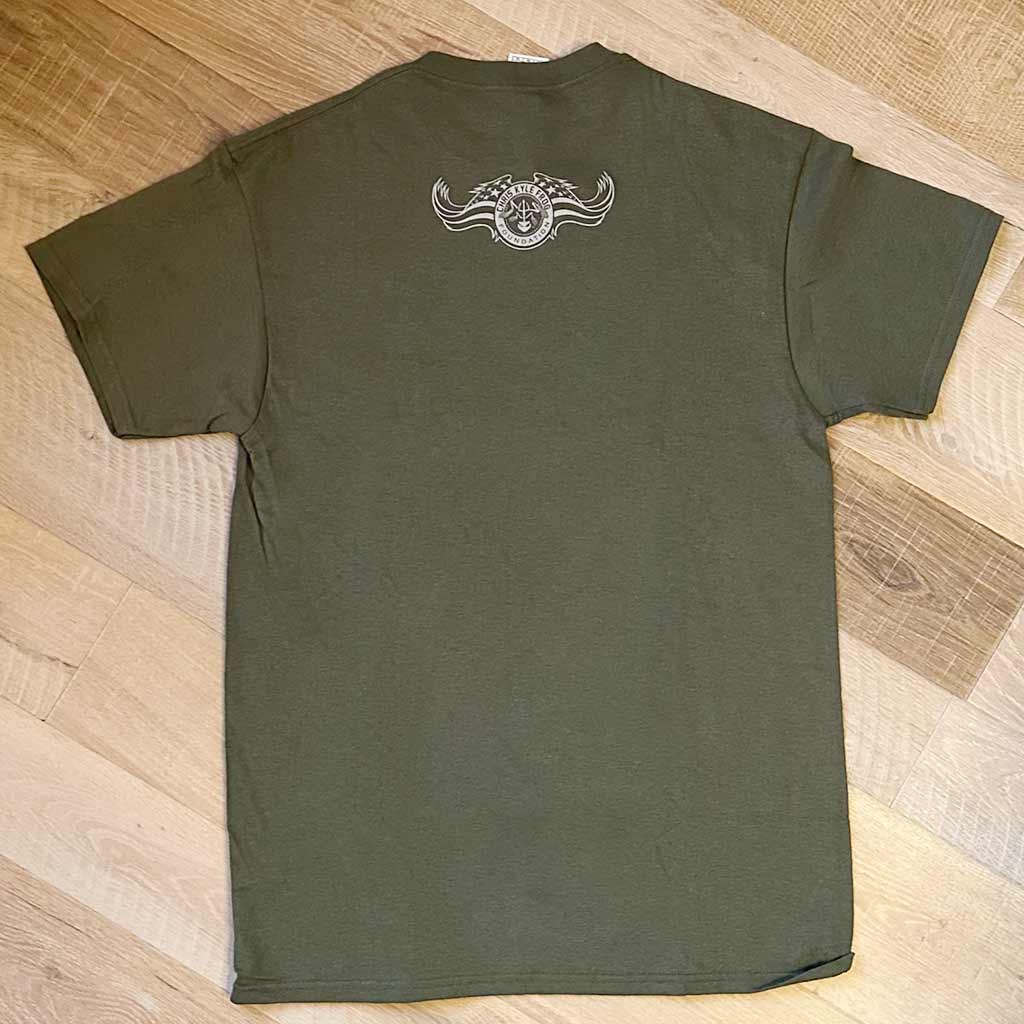Olive green back of shirt with Chris Kyle Frog Foundation with American Flag wings in white