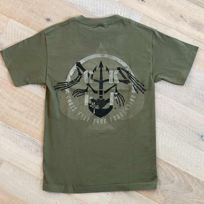 Olive Green shirt back with black bone frog and white Chris Kyle Foundation in a circle