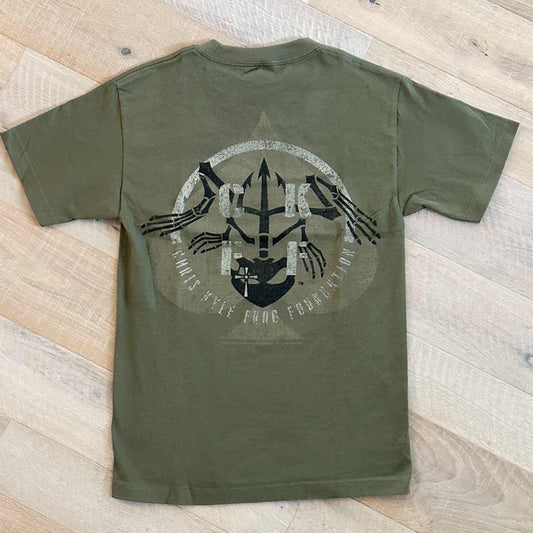 Olive Green shirt back with black bone frog and white Chris Kyle Foundation in a circle