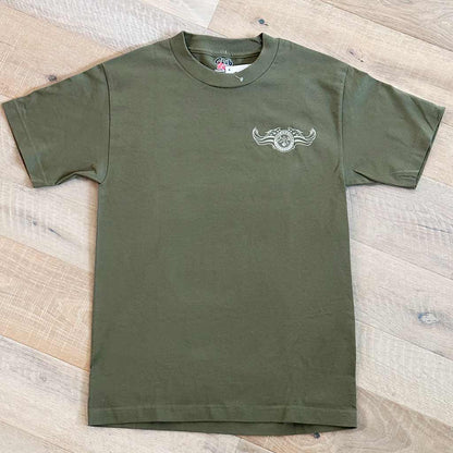 Olive Green Shirt with Chris Kyle Foundation logo and American Flag wings on top of left chest