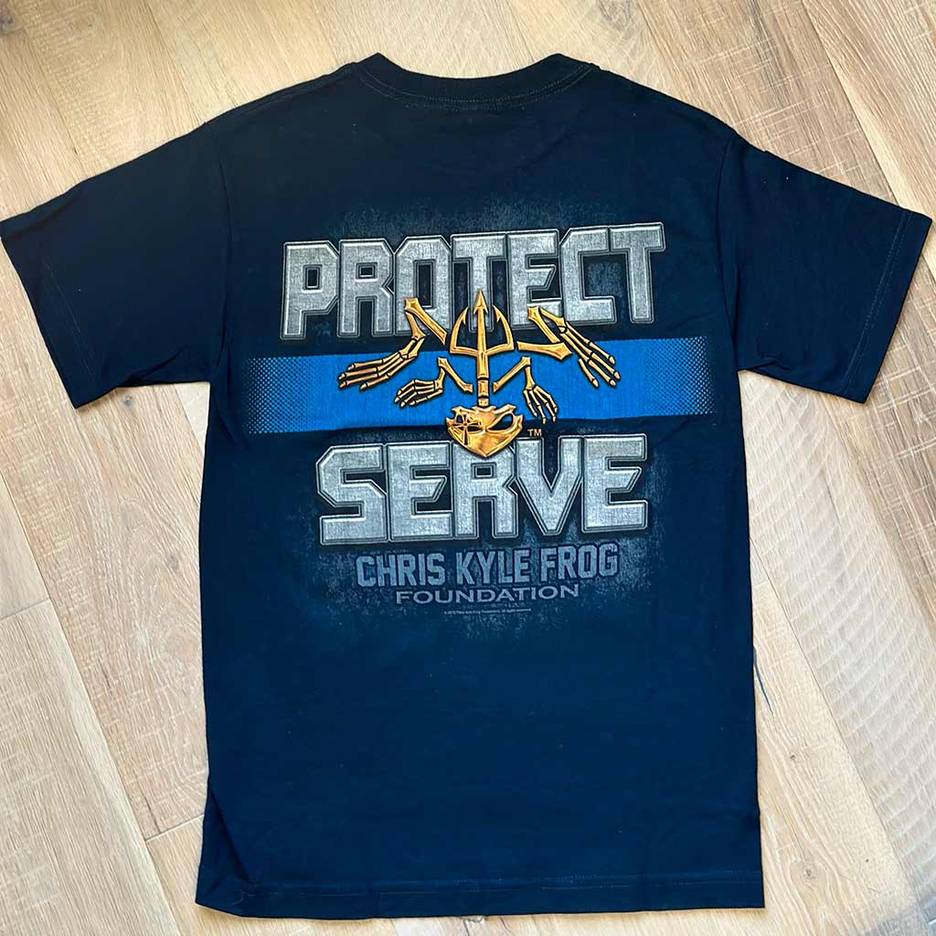 Back of navy blue shirt with gold bone frog over protect and serve graphic