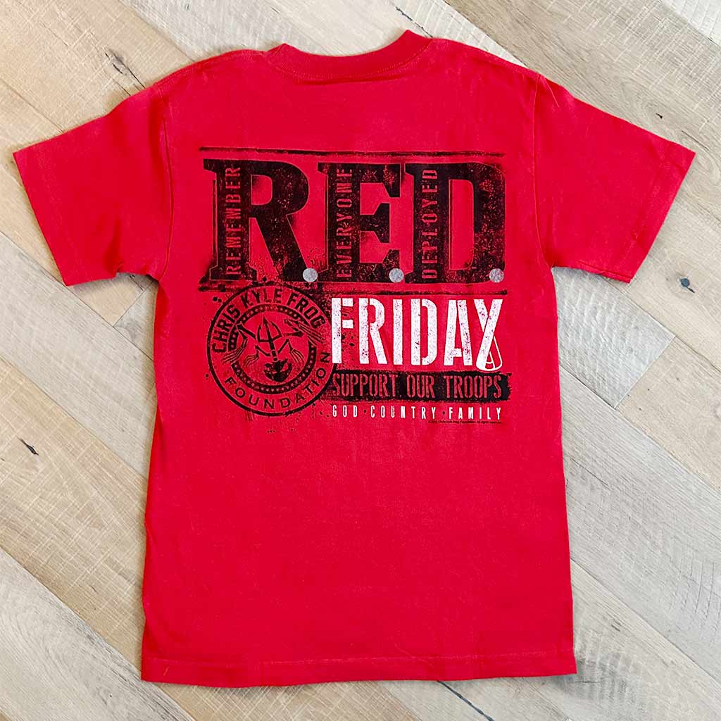 Red shirt with black and white Chris Kyle Frog foundation remember everyone deployed graphic