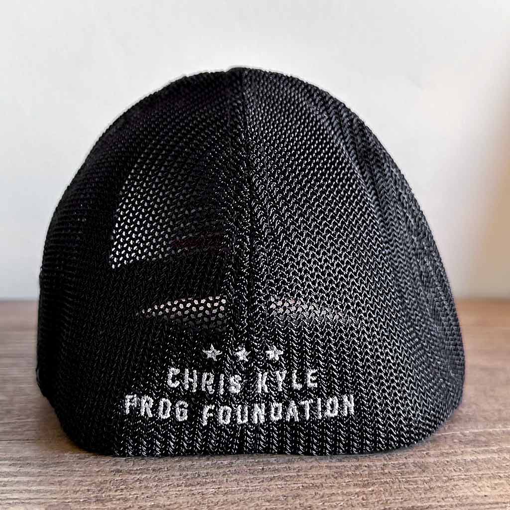 Black mesh flexfit hat with grey embroidered Chris Kyle Frog Foundation