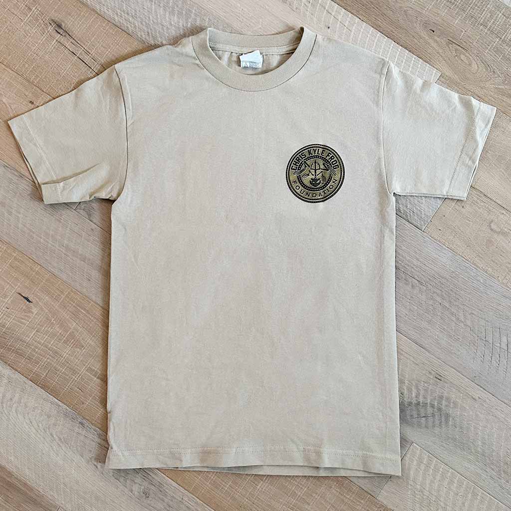 Tan shirt with Chris Kyle circle logo on front chest