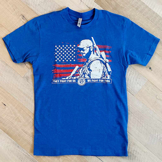 Blue Shirt with Chris Kyle's face on top of an American Flag