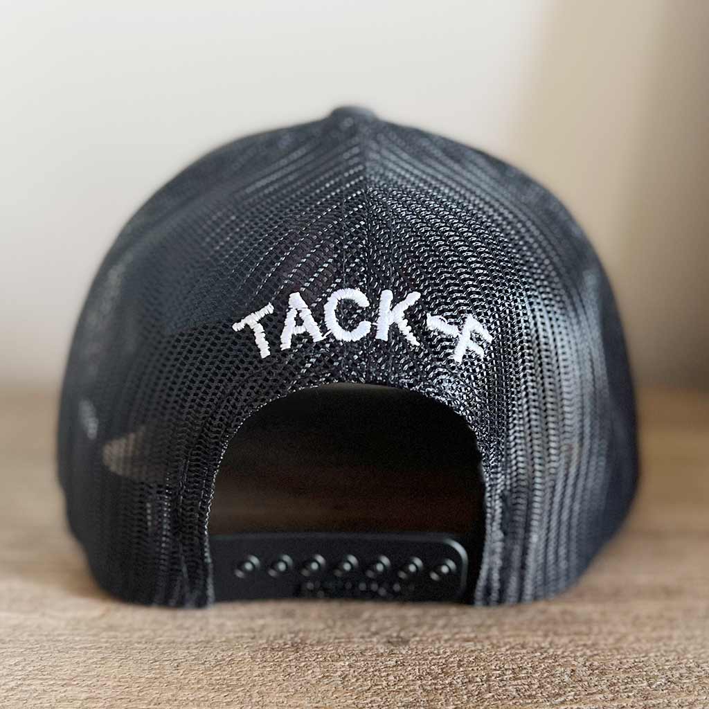 black mesh snapback hat with TACK-F embroidered