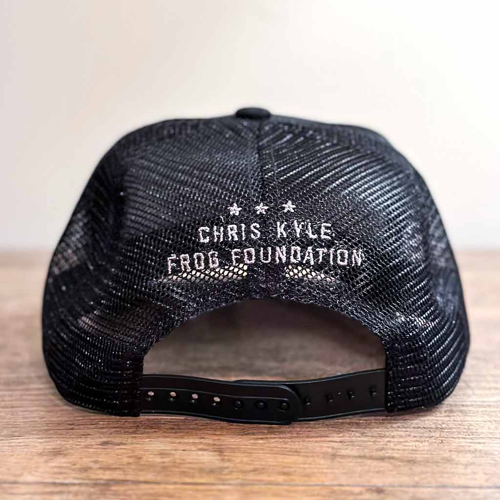 Back black mesh snapback hat with grey embroidered Chris Kyle Frog Foundation
